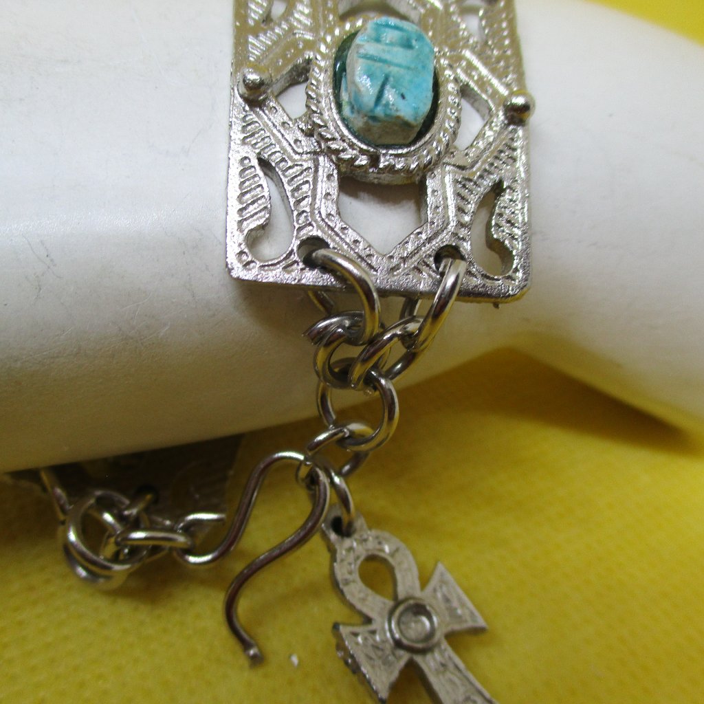 Egyptian Revival Scarab Ankh Turquoise Stone Silver Tone Metal Panel Bracelet 30$